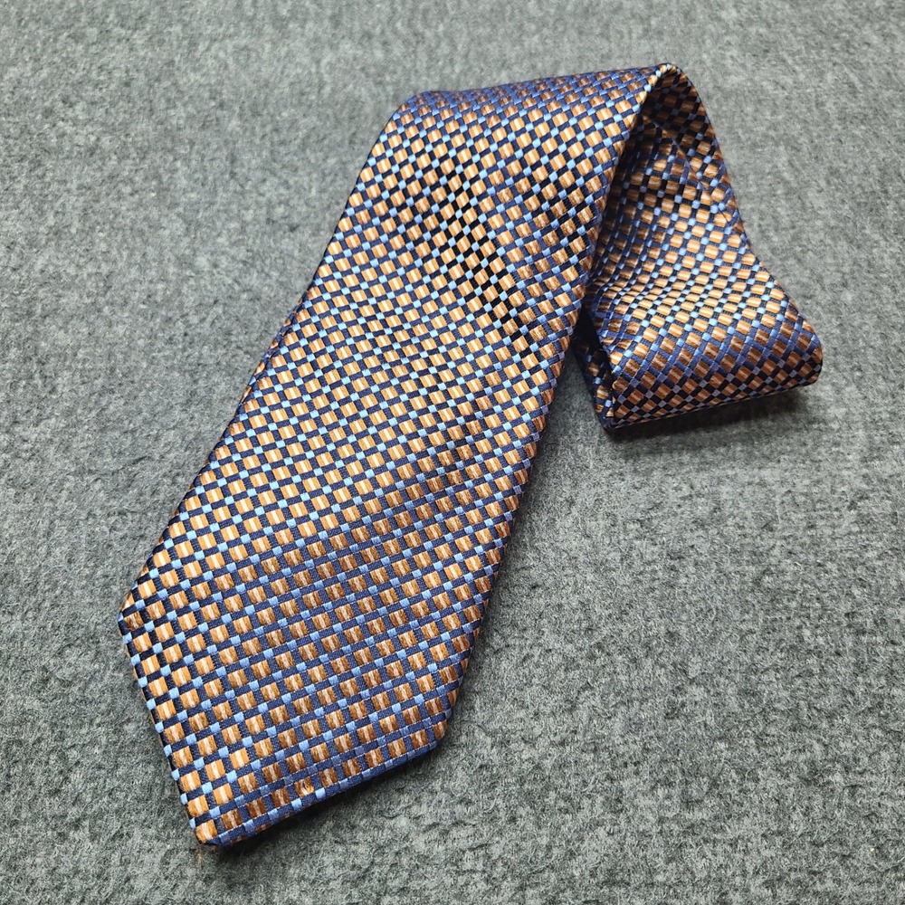 Bruno Piattelli Tie Mens OS Blue Gold Silk Excellent Geometric Woven Made in USA